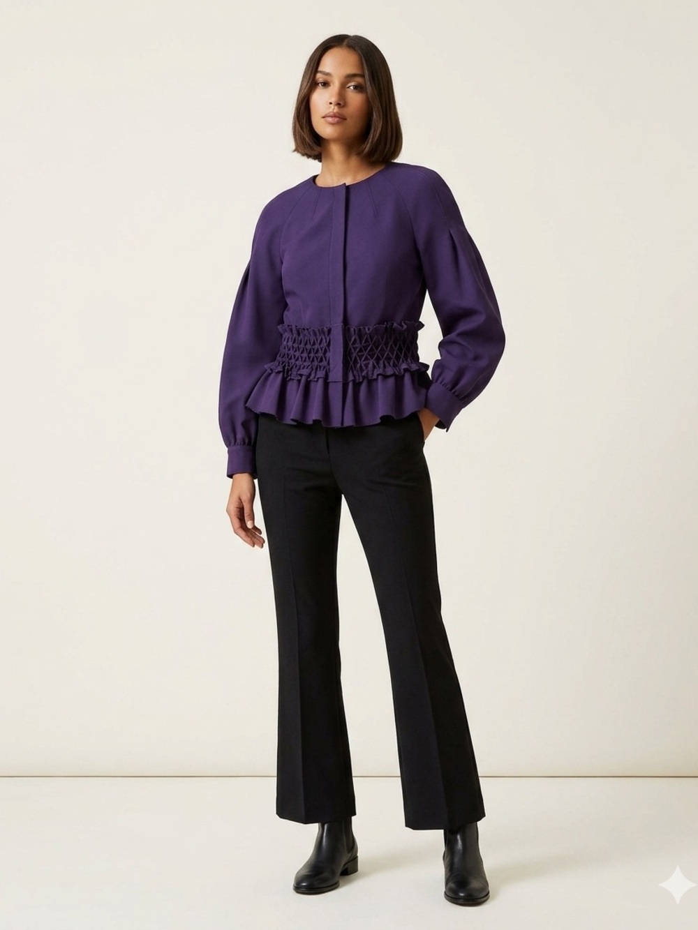 Alberta Ferretti Women’s 6 Dark Purple Smock Waist Lined Long-sleeve Jacket